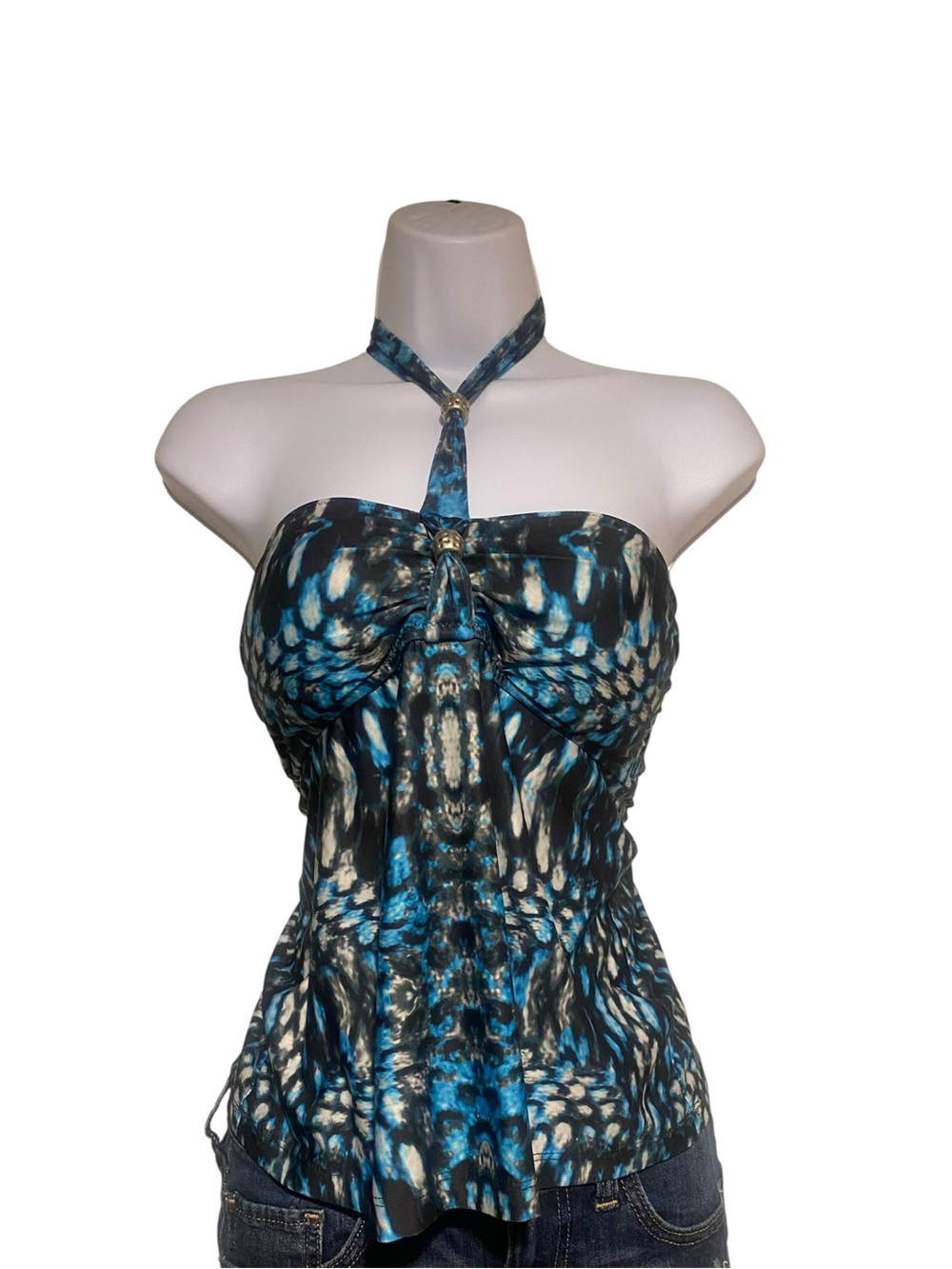 Y2K blue, gray & black abstract animal print halter top